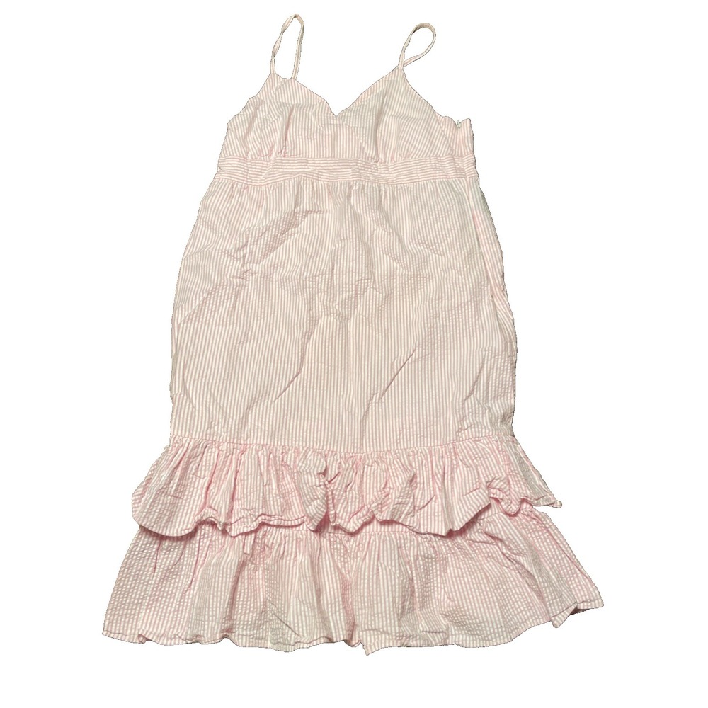 Ralph Lauren‎ Girls Size 16 Pink Striped Seersucker Sundress Triple Ruffle Hem